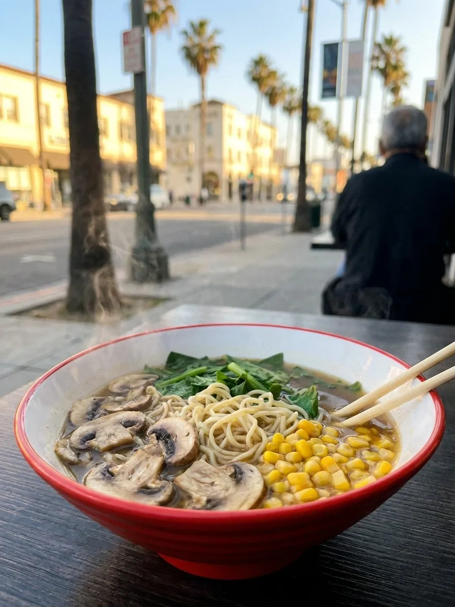 A bowl of ramen topped with mushrooms and greens