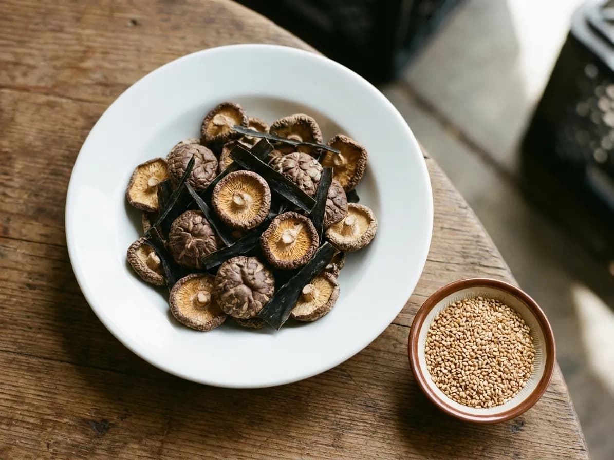 Dried shiitake mushrooms and seaweed in shallow bowls on a wooden surface