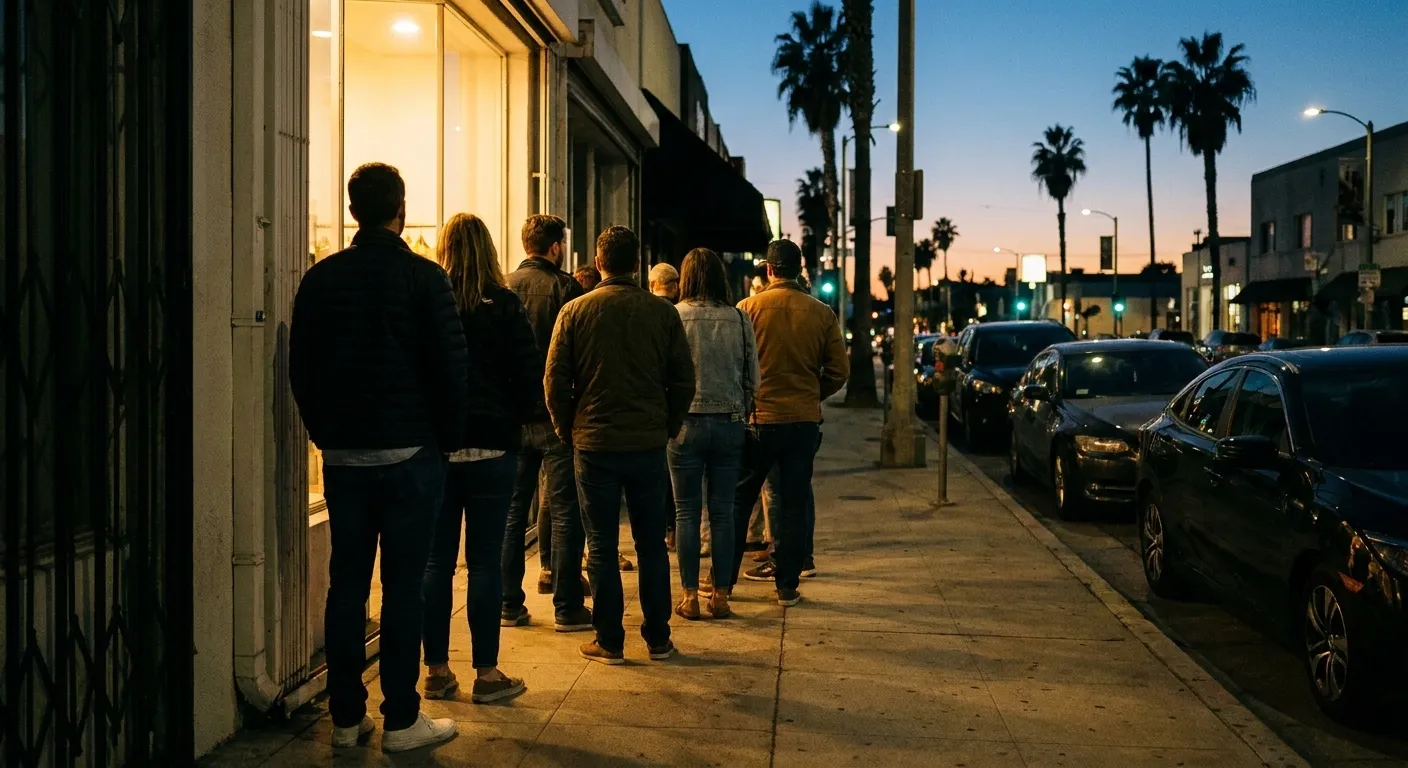 People waiting outside a small noodle shop in the evening