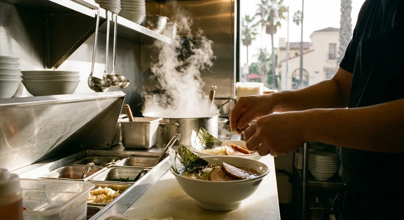 A cook assembling bowls behind an open ramen counter