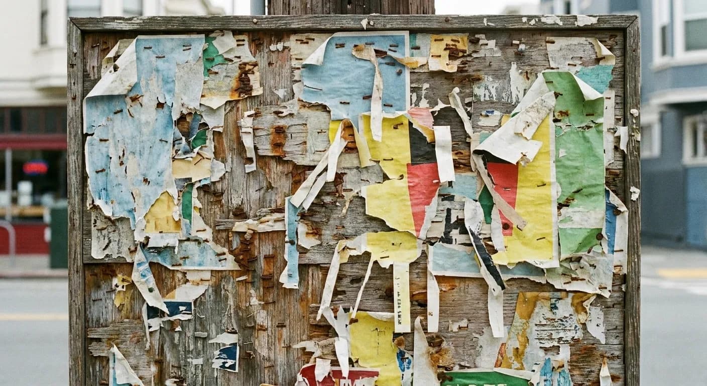 A cluttered public noticeboard covered in overlapping paper flyers and torn tear-off strips, weathered by rain and photographed straight on in flat daylight