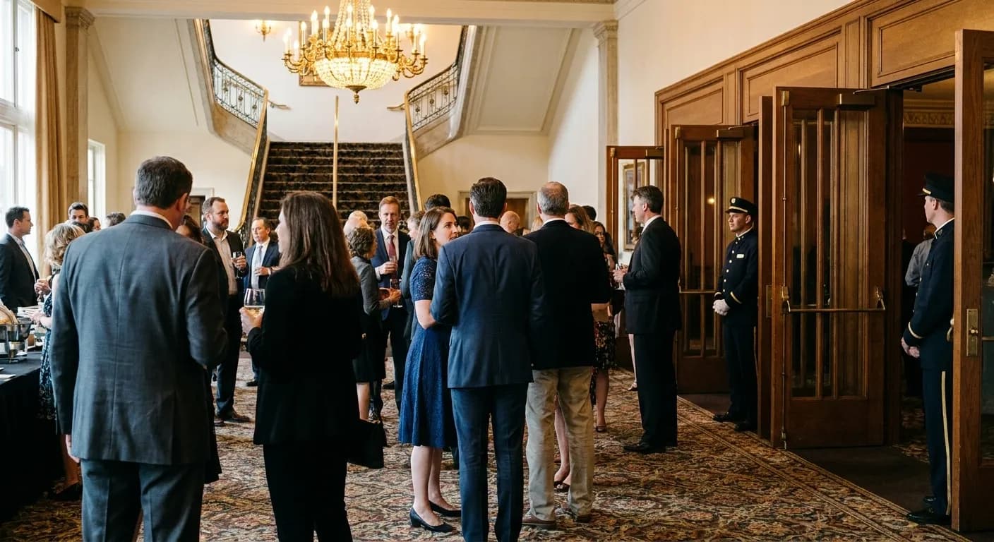 A theatre lobby with people gathering before a performance in the early evening