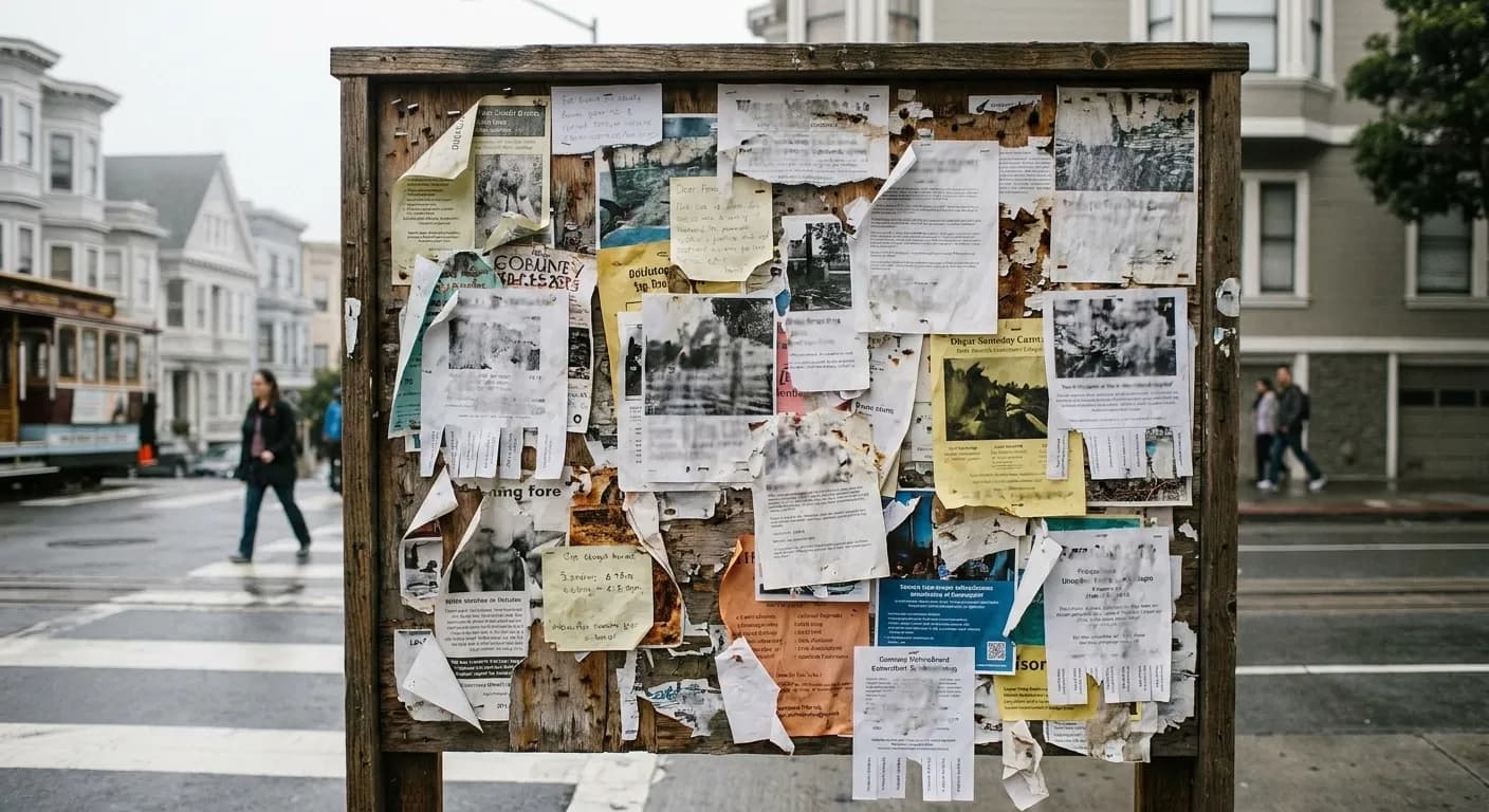 A community noticeboard covered in overlapping flyers on a city street