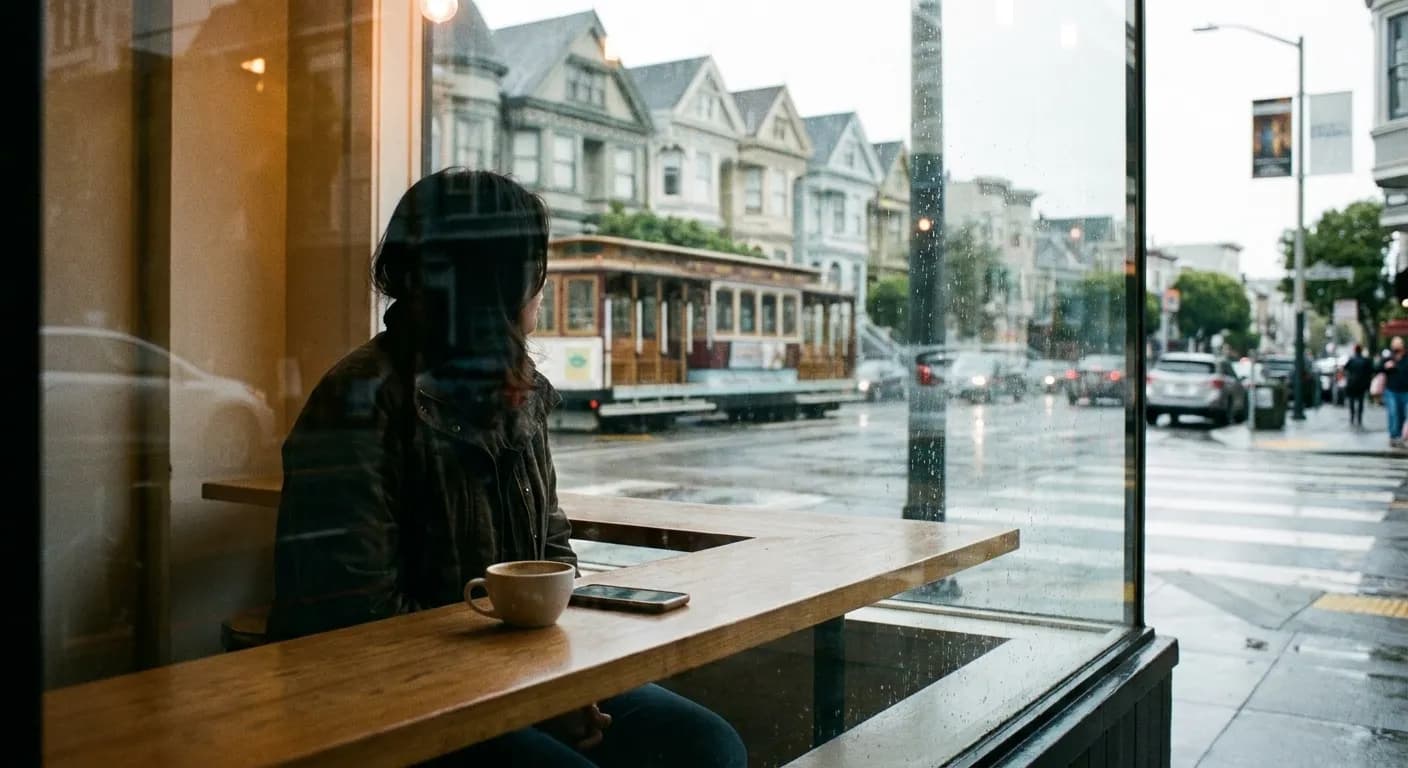 Someone sitting at a San Francisco cafe window seat checking a phone beside a coffee