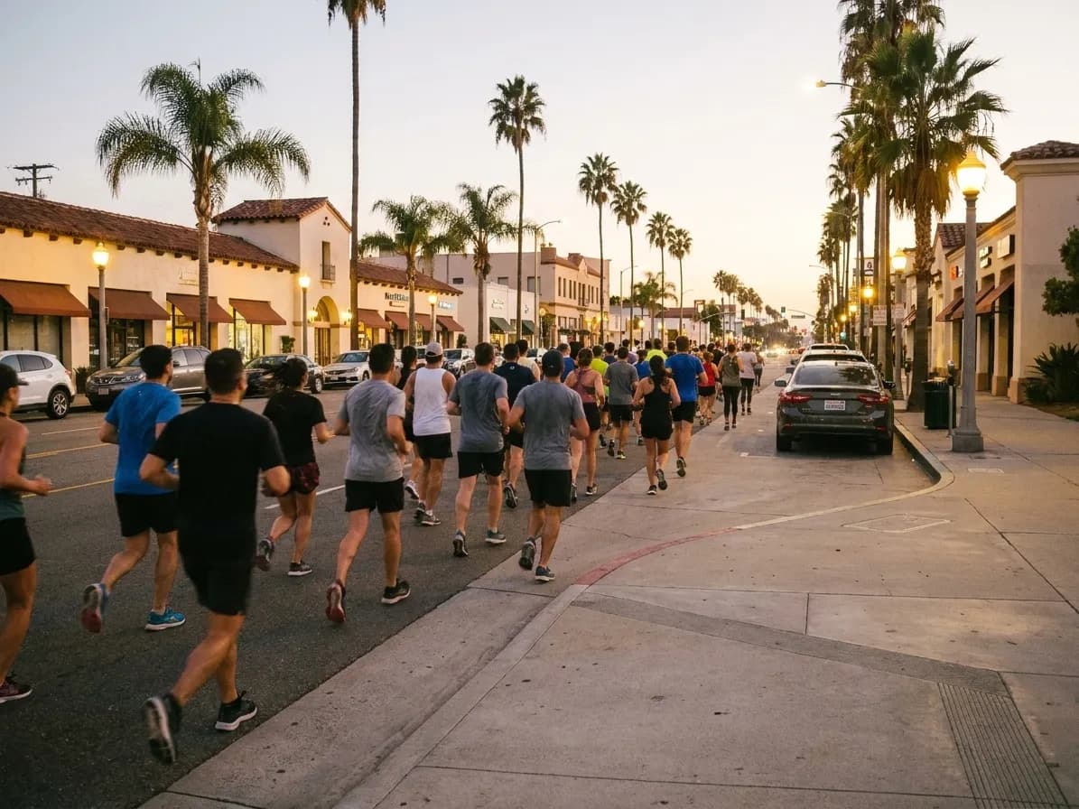 A group of runners setting off along a Los Angeles pavement in the early evening