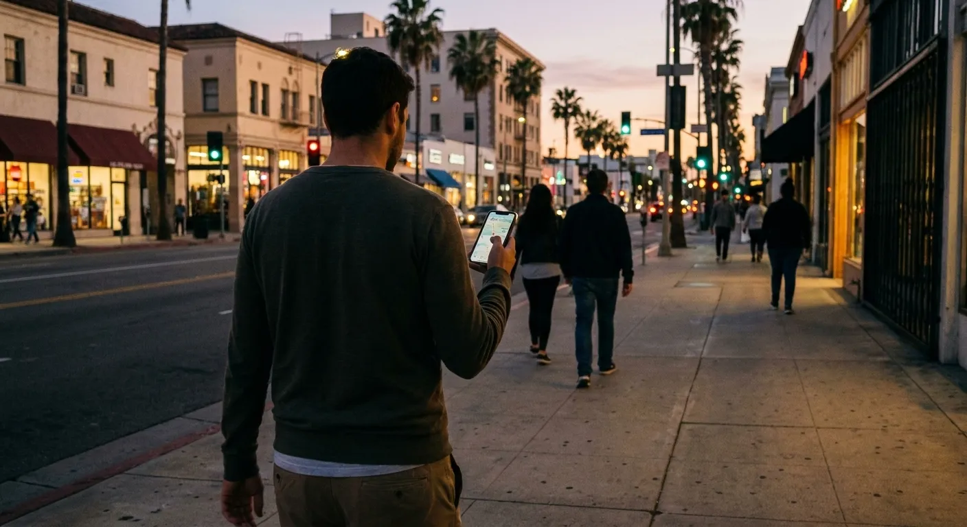 Someone walking along a Los Angeles pavement in the early evening holding a phone showing a map