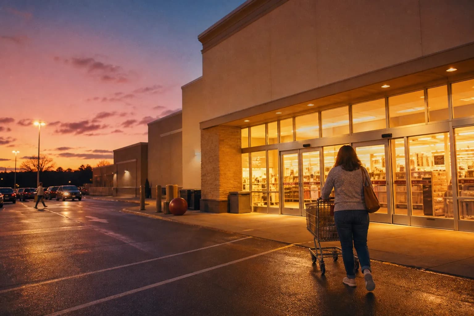 A shopper walking toward the glowing entrance of a big-box store at dusk