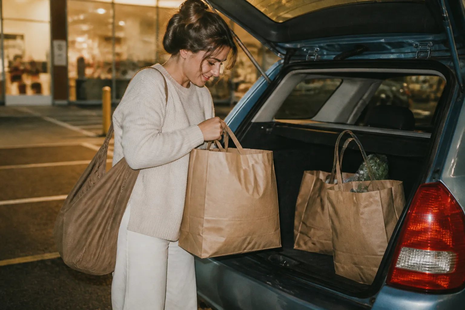 A car parked in a store pickup spot with bags being loaded through the trunk