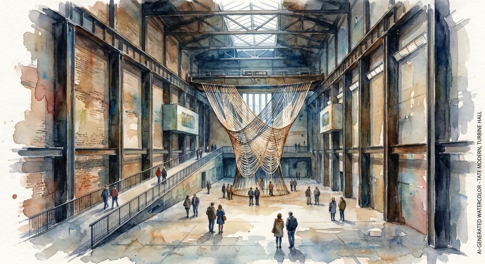 AI-generated watercolor: the vast Turbine Hall at Tate Modern London, the immense industrial-scale interior of the former Bankside Power Station, a large contemporary art installation, small figures of visitors walking on the floor and the sloping entrance ramp