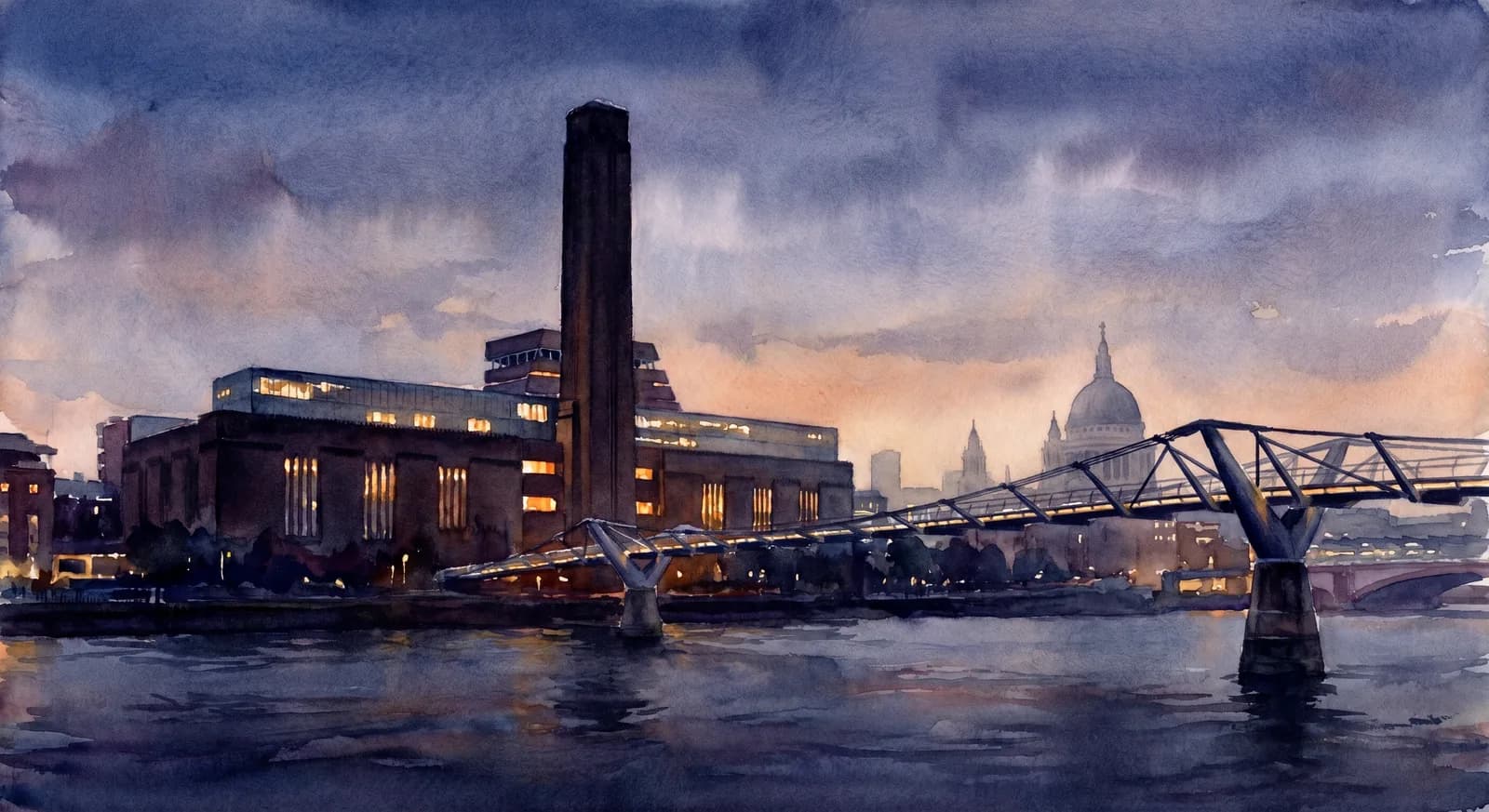 AI-generated watercolor: the exterior of Tate Modern at twilight, the converted brick Bankside Power Station with the central chimney, the Millennium Bridge crossing the Thames toward St Paul's Cathedral