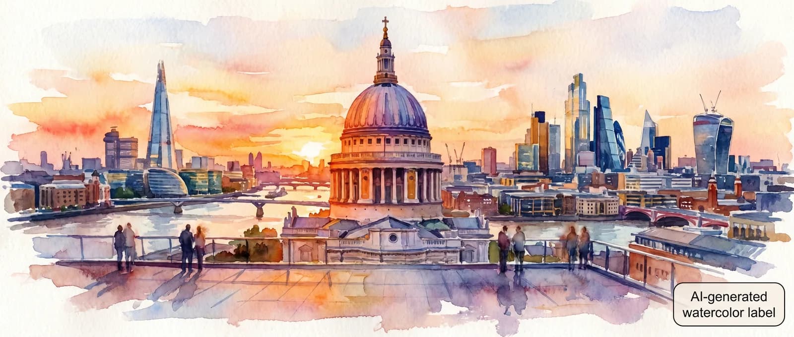 AI-generated watercolor: the panoramic view from the Tate Modern Blavatnik Building Level 10 viewing terrace at sunset, looking across the Thames at St Paul's Cathedral dome and the City of London skyline