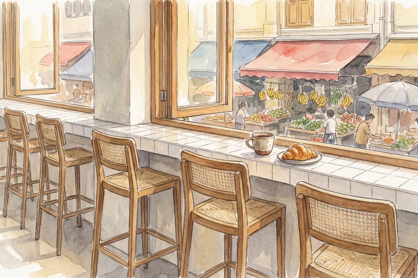 AI-generated watercolor: row of empty wooden counter stools at a window ledge in a Singapore bakery cafe, traditional wet market visible below through open window, warm morning light, coffee and croissant on ledge
