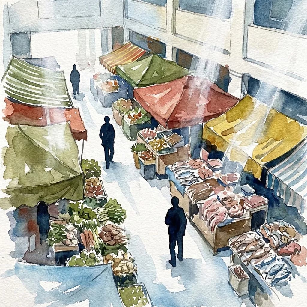 AI-generated watercolor: Tiong Bahru wet market stalls seen from above, colorful canopies and produce, silhouetted figures as background elements, morning light filtering through open sides