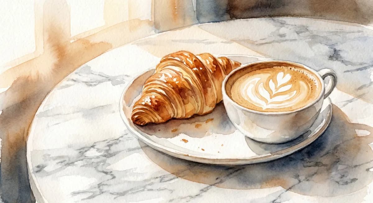 AI-generated watercolor: golden butter croissant on white ceramic plate beside a flat white coffee with latte art, marble cafe counter, warm morning light from the left