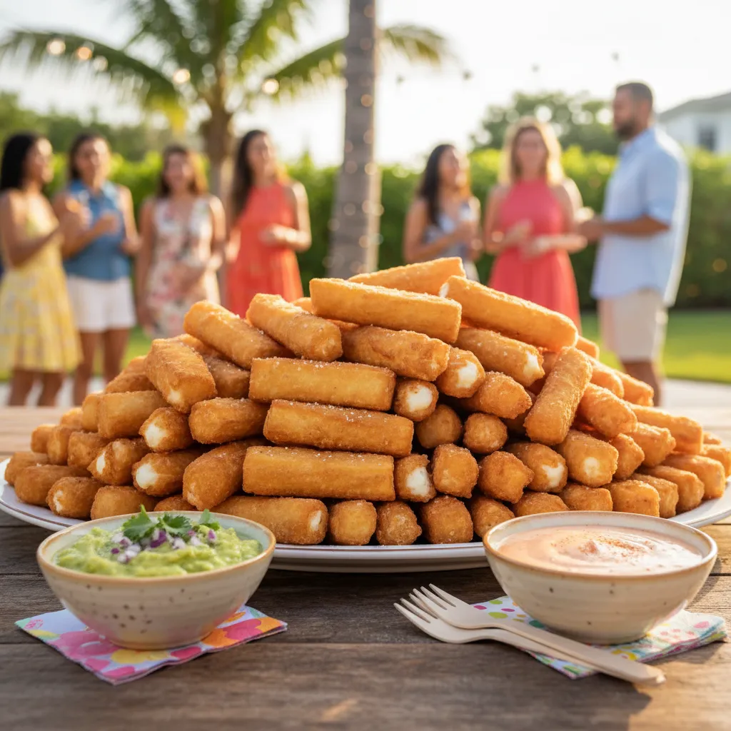 Platter of golden fried tequenos with guasacaca and pink sauce at a Miami backyard party