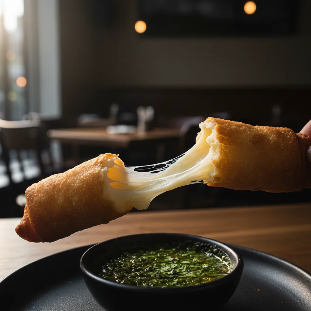 Tequeno broken in half with melted white cheese stretching between the halves over green guasacaca sauce