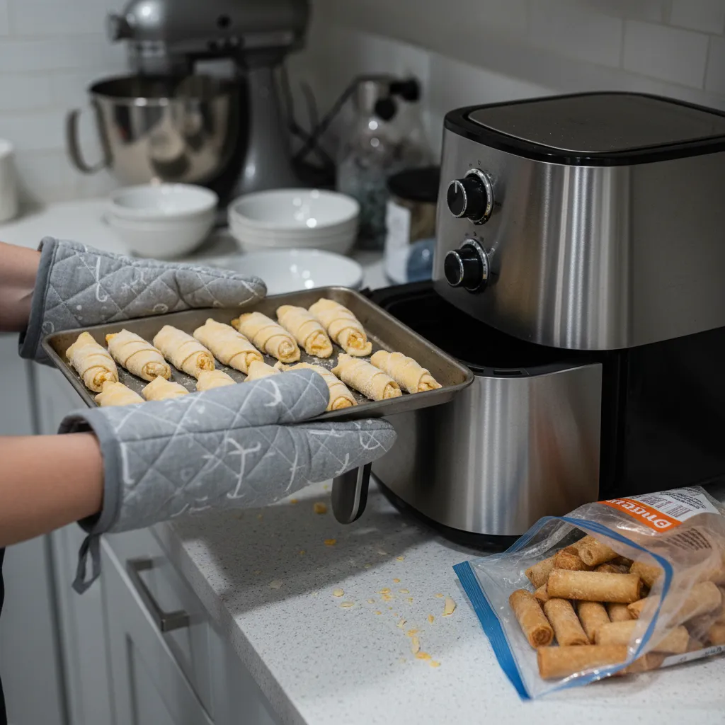 Tray of frozen tequenos lined up on a home kitchen counter ready for the air fryer before a party