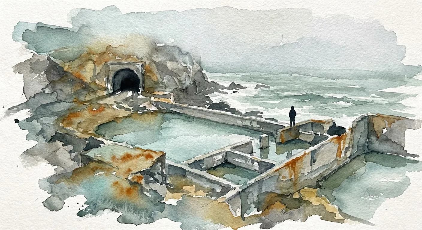 The concrete foundations of Sutro Baths above the Pacific Ocean in San Francisco