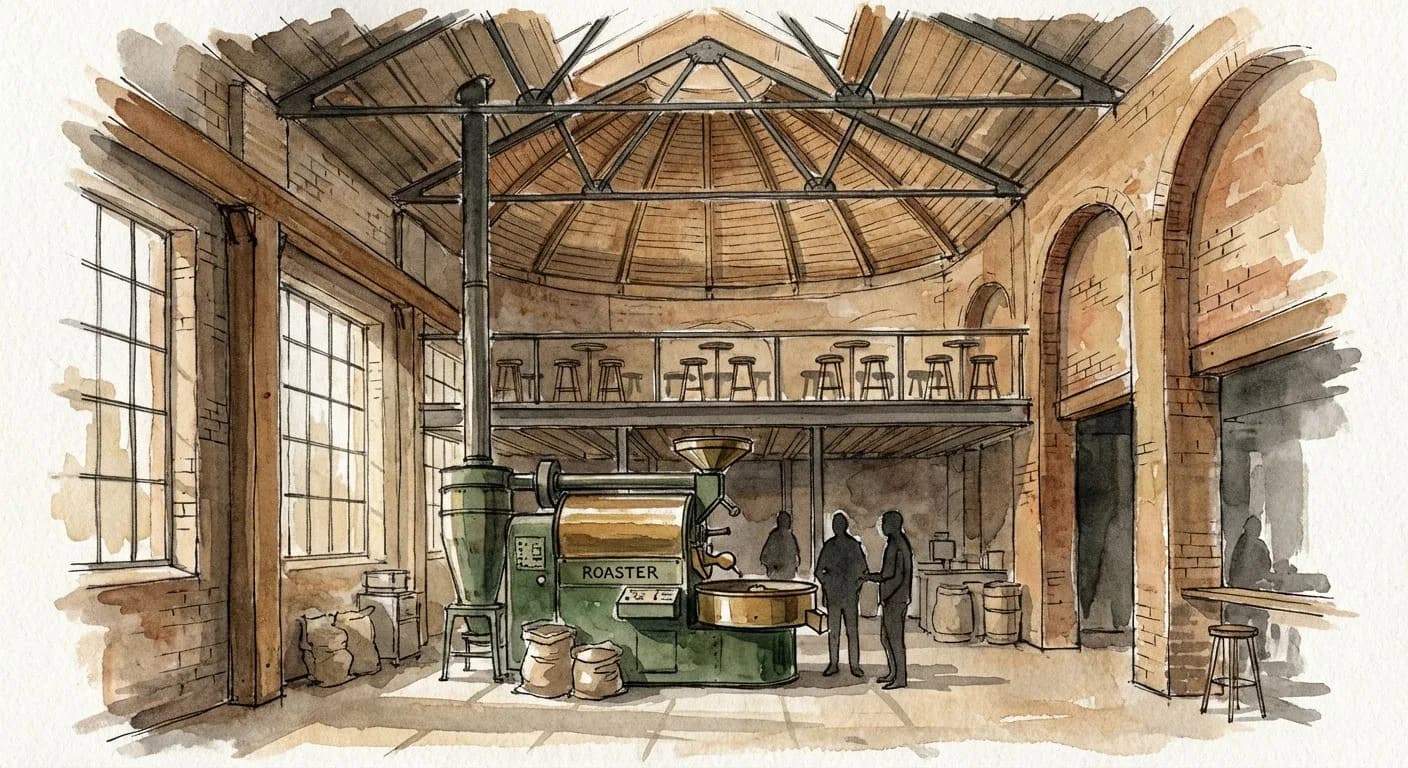 The mezzanine level at Sightglass Coffee's 7th Street flagship, with wooden stools overlooking a vintage Probat roaster