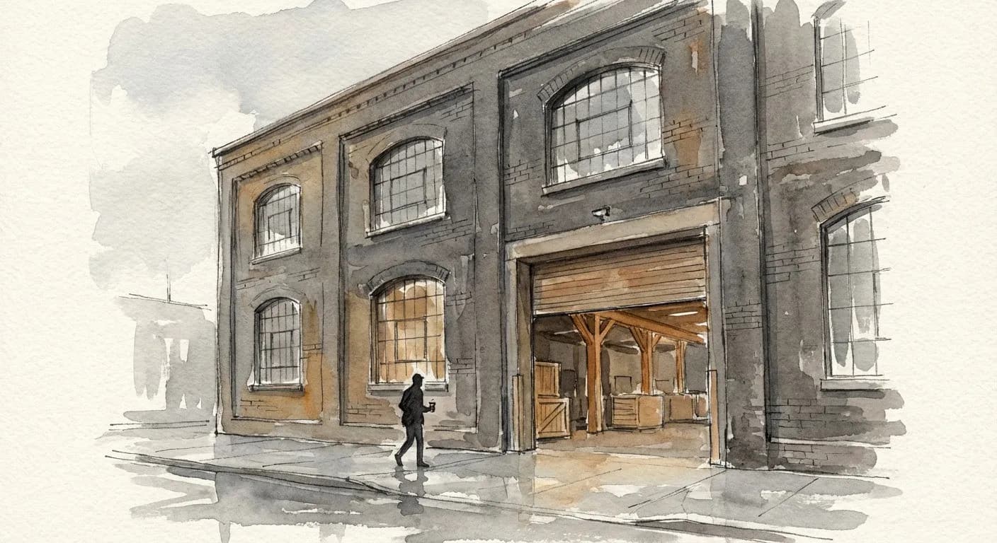Exterior of Sightglass Coffee on 7th Street, a charcoal-grey 1914 warehouse façade with industrial windows