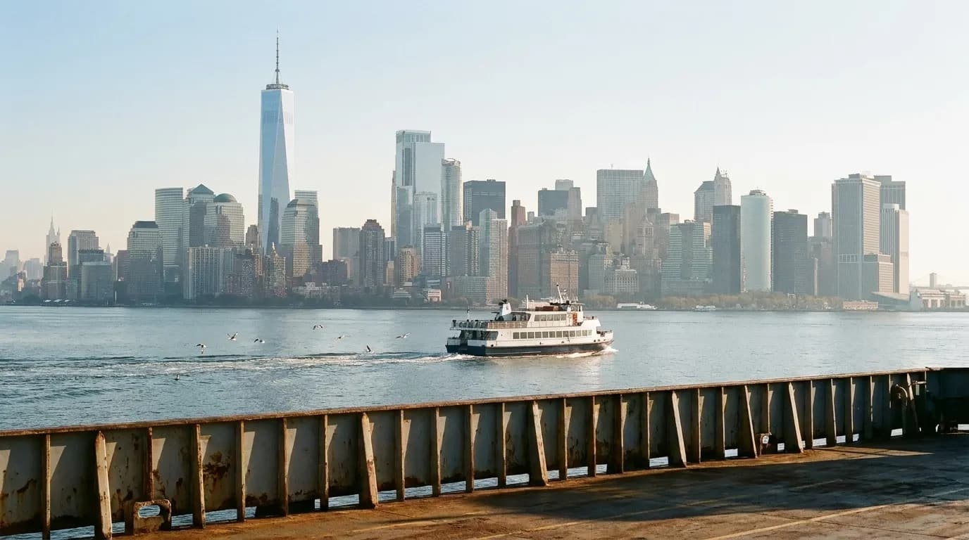 A passenger ferry crossing open harbour water in morning light with the lower Manhattan skyline compressed behind it and an empty deck rail in the foreground