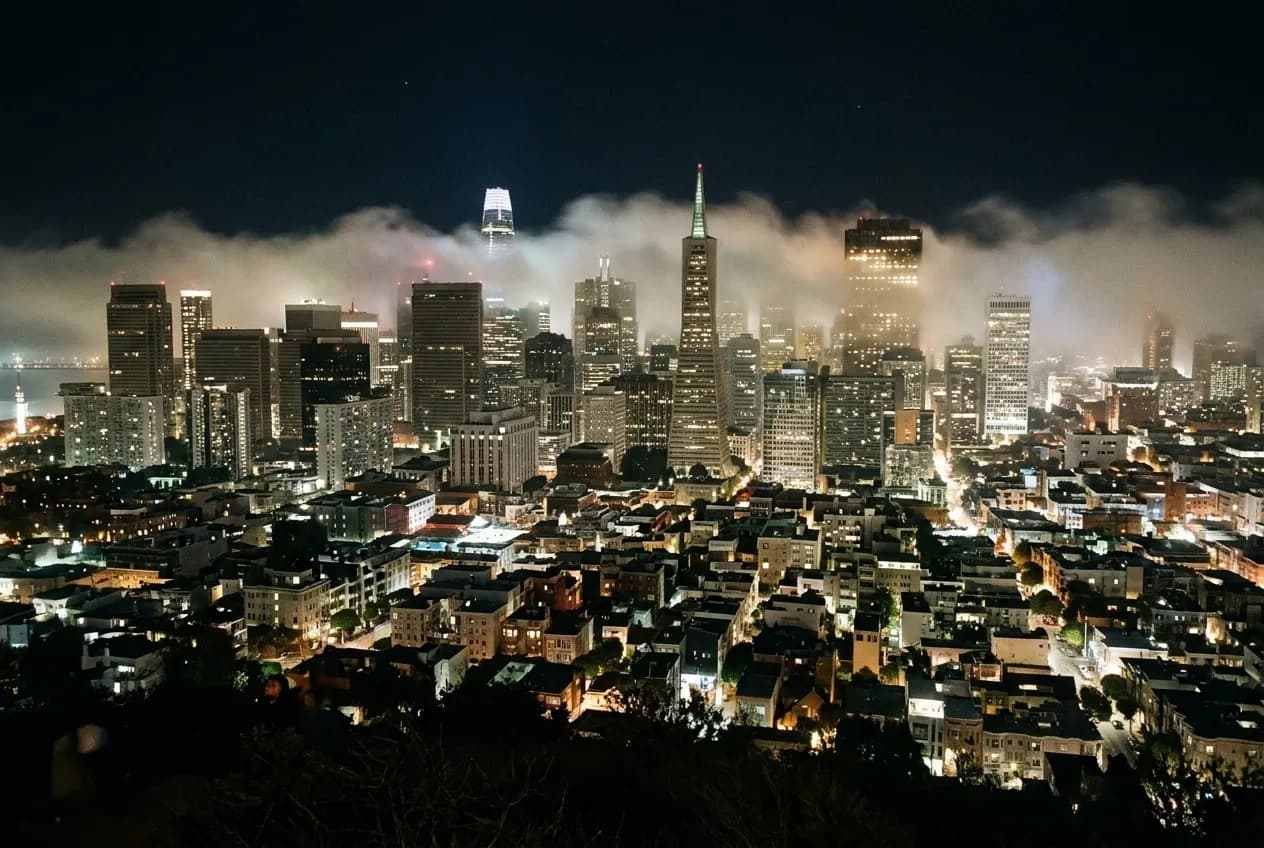 A city skyline seen from a dark hilltop with fog moving through the lights