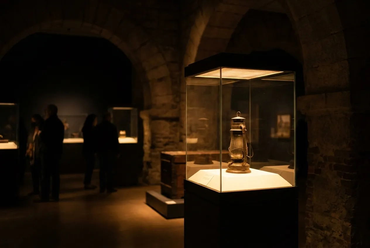 A dimly lit museum gallery with an illuminated exhibit case