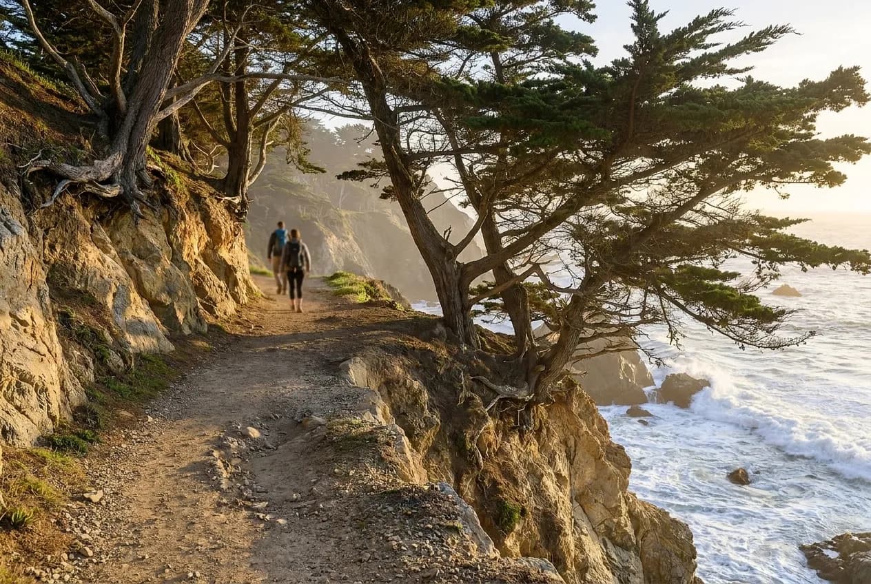 A coastal trail cut into a cliff above the ocean with cypress trees