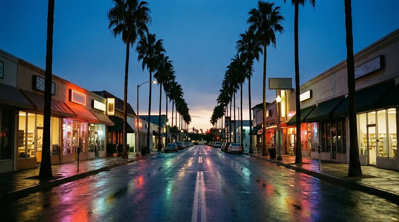 A city street at dusk with neon-lit storefronts, palms in silhouette and wet asphalt reflecting the lights