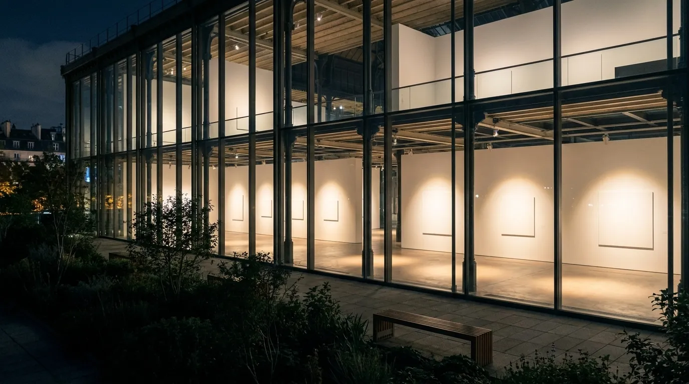 A museum gallery at night seen through a glass wall, lit artwork inside and a dark terrace outside