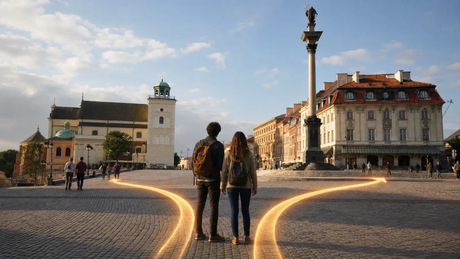 Photorealistic real-world decision moment comparing a specialist travel app with Karpo's proactive city planning.