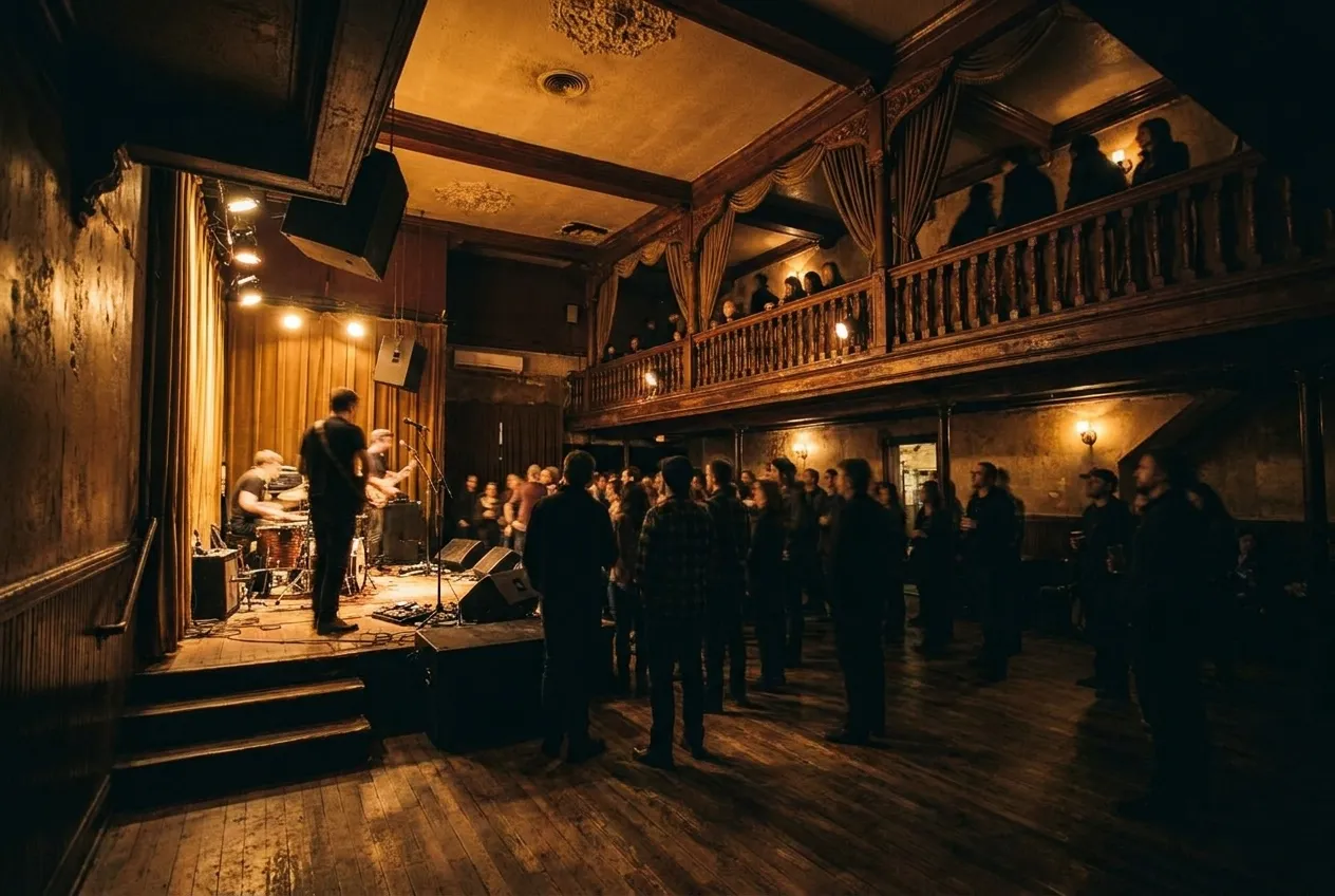 An ornate old concert hall interior with balconies and painted ceiling