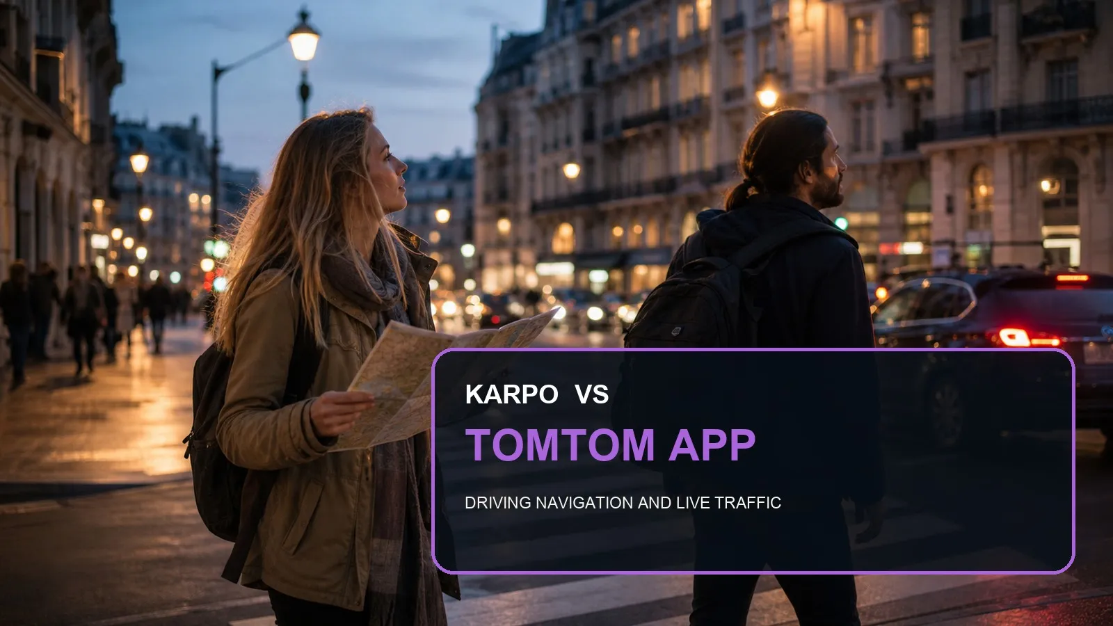 Karpo versus TomTom app in a photorealistic editorial comparison.