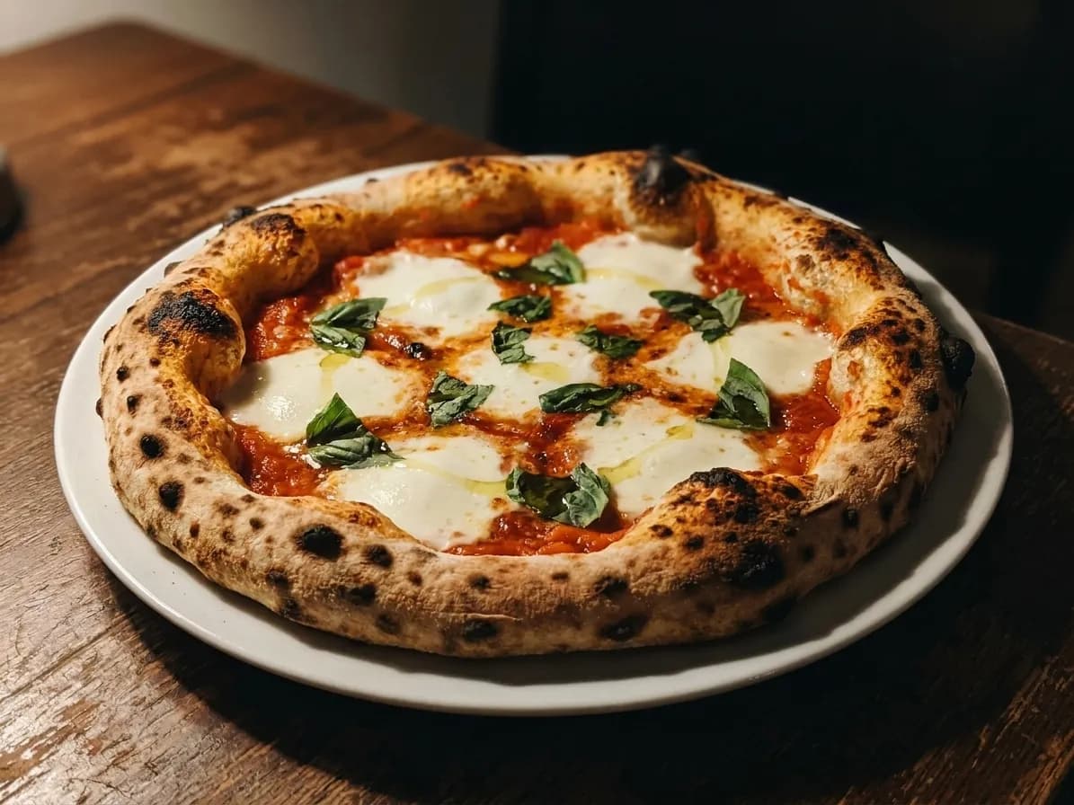 A whole wood-fired margherita pizza with a blistered, leopard-spotted crust on a white plate under warm restaurant light