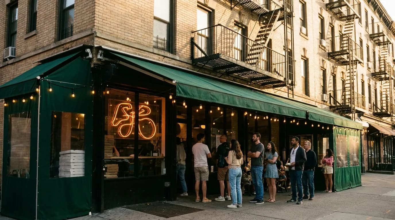 Corner pizzeria with green awning and a line of customers on a West Village street at golden hour