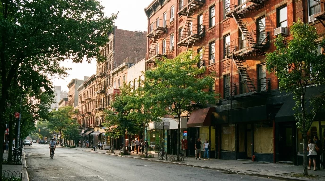 Tree-lined New York street with red brick buildings and fire escapes along the pizza crawl route