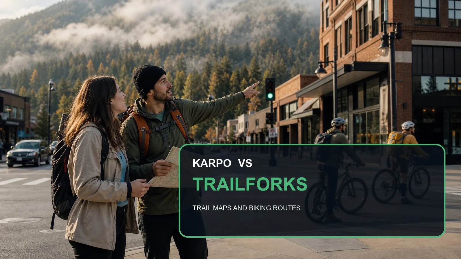 Karpo versus Trailforks in a photorealistic editorial comparison.