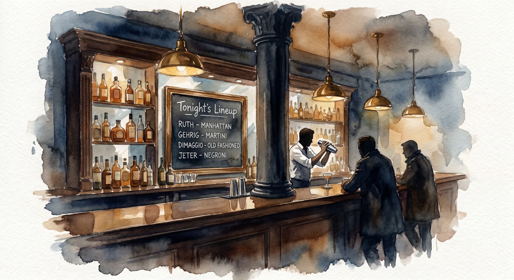 AI-generated watercolor: interior of a low-lit Tribeca New York speakeasy — exposed cast-iron column at center, polished walnut bar with a single silhouetted bartender in white shirt shaking a coupe, a curated row of amber spirit bottles on a mirrored backbar, a chalkboard menu titled 'Tonight's Lineup' with handwritten cocktail names beside Yankees player surnames, two silhouetted patrons leaning on the bar, brass pendant lights, deep navy-and-amber color palette, three-quarter angle from across the room