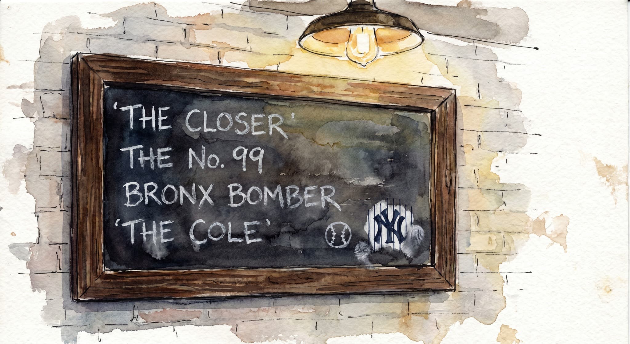 AI-generated watercolor: close-up of a chalkboard cocktail menu inside a Tribeca New York speakeasy — handwritten titles in white chalk reading 'The Closer', 'The No.99', 'Bronx Bomber', 'The Cole', a small chalk silhouette of a baseball, a Yankees navy-and-white pinstripe doodle in the corner, slightly smudged from a bartender's thumb, framed in dark walnut, mounted on a painted brick wall lit by a warm pendant, direct head-on view