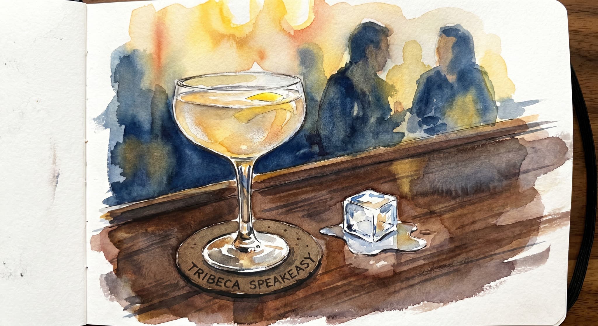 AI-generated watercolor: a single hand-poured cocktail on a Tribeca speakeasy bar top — a coupe glass with a pale amber whiskey-sour-style drink topped with a thin lemon peel, condensation on the glass, a black-walnut cardboard coaster, a single ice cube melting beside it on the polished walnut surface, soft warm pendant light from above, blurred figures of two patrons in the background, navy-and-amber palette, overhead three-quarter angle