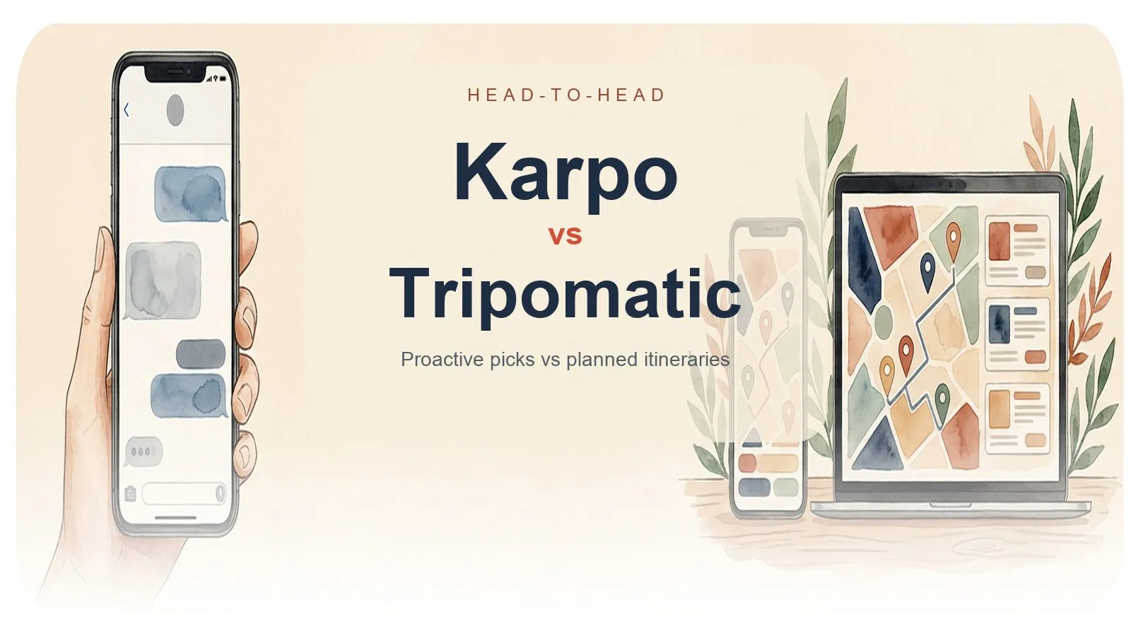 Head-to-head cover: Karpo proactive city sidekick versus Tripomatic itinerary planner, with readable editorial typography.
