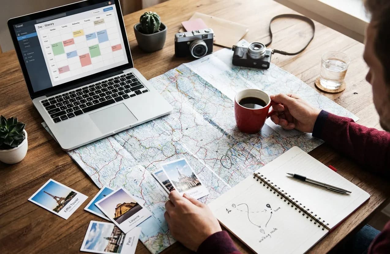 A traveler arranges a visual day-by-day itinerary on a laptop over a paper map and coffee.