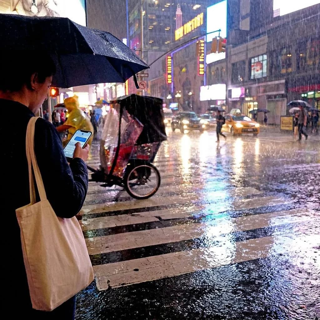 A rainy New York night where a pedestrian checks an incoming iMessage city suggestion.