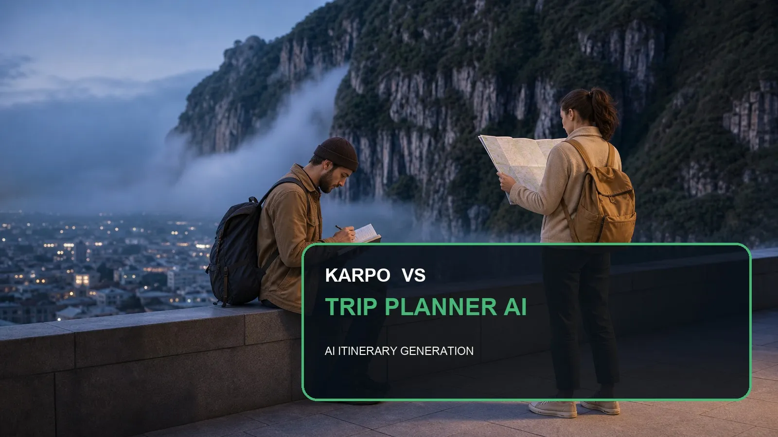 Karpo versus Trip Planner AI in a photorealistic editorial city comparison.