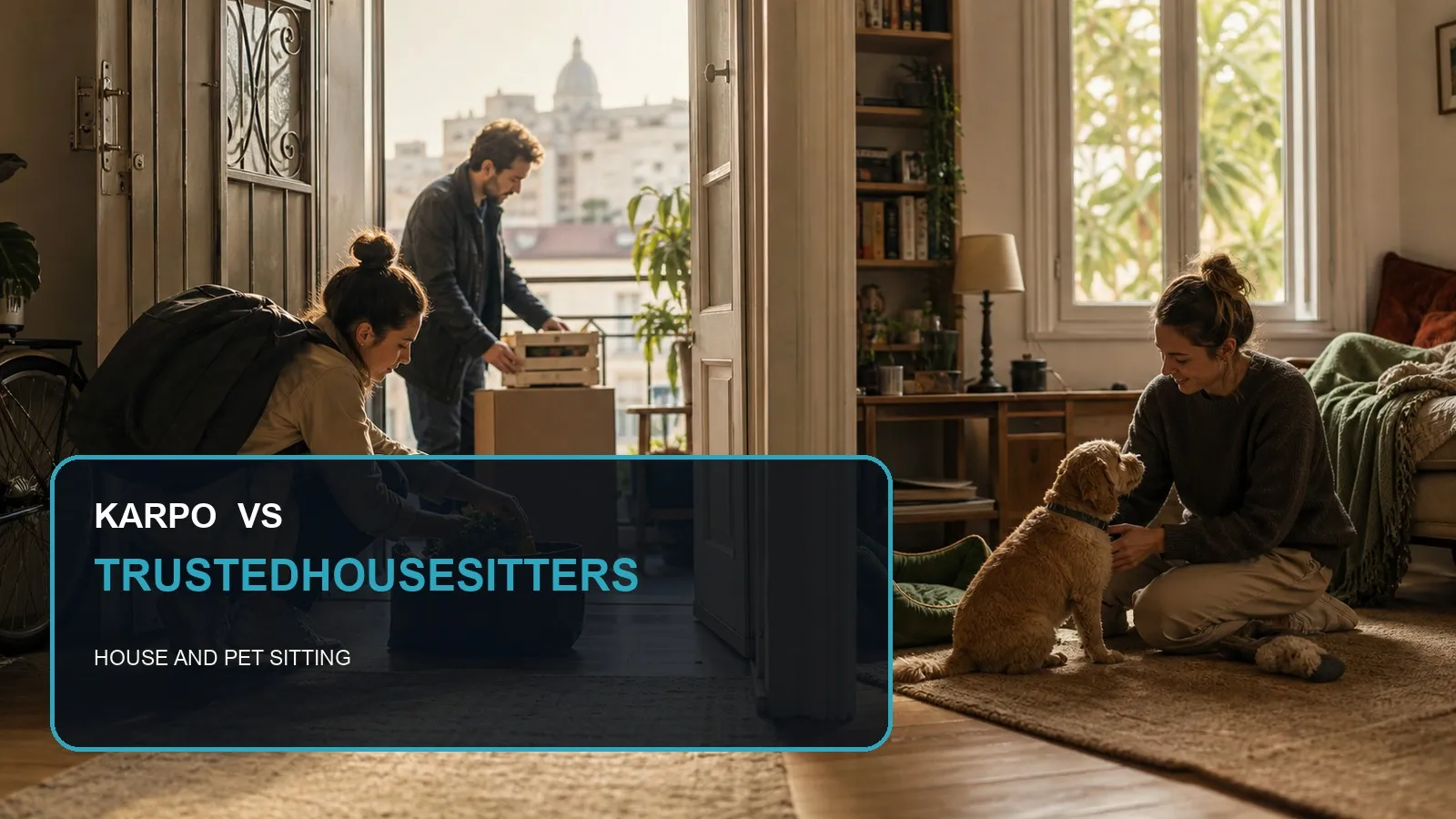 Karpo versus TrustedHousesitters in a photorealistic editorial city comparison.