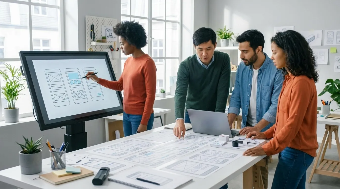 Product designers collaborating around wireframes and an interactive interface prototype in a realistic studio