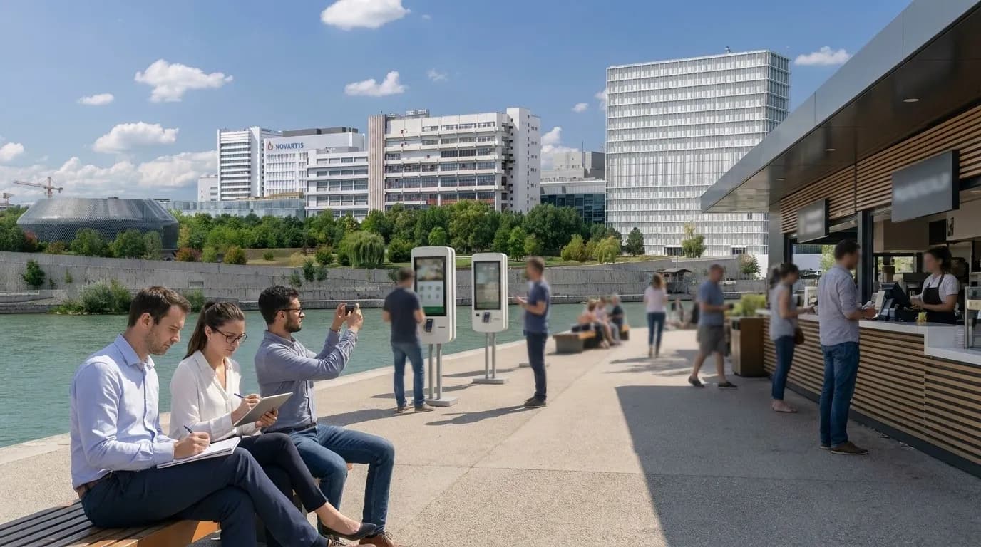 A product research team observing an urban service touchpoint and taking notes during a realistic city walk