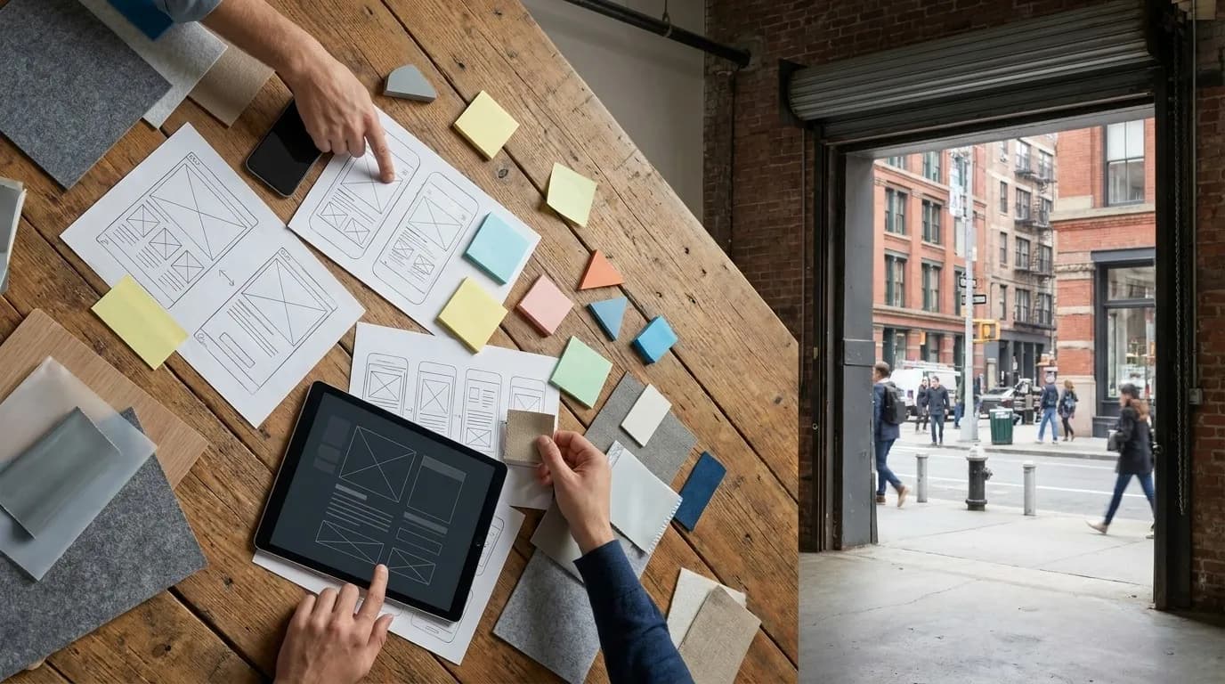 A product design table transitioning into a realistic urban service-research walk with one Karpo phone and no text overlay