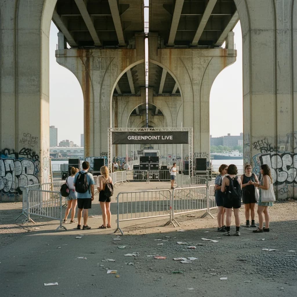 Under the K Bridge entrance scene with concrete bridge columns and summer concert arrivals in Greenpoint Brooklyn