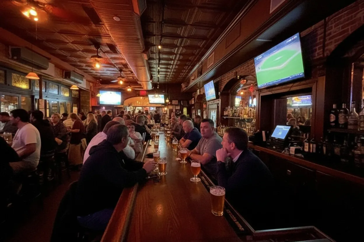 Screen-friendly Upper West Side pub finish for a baseball replay night